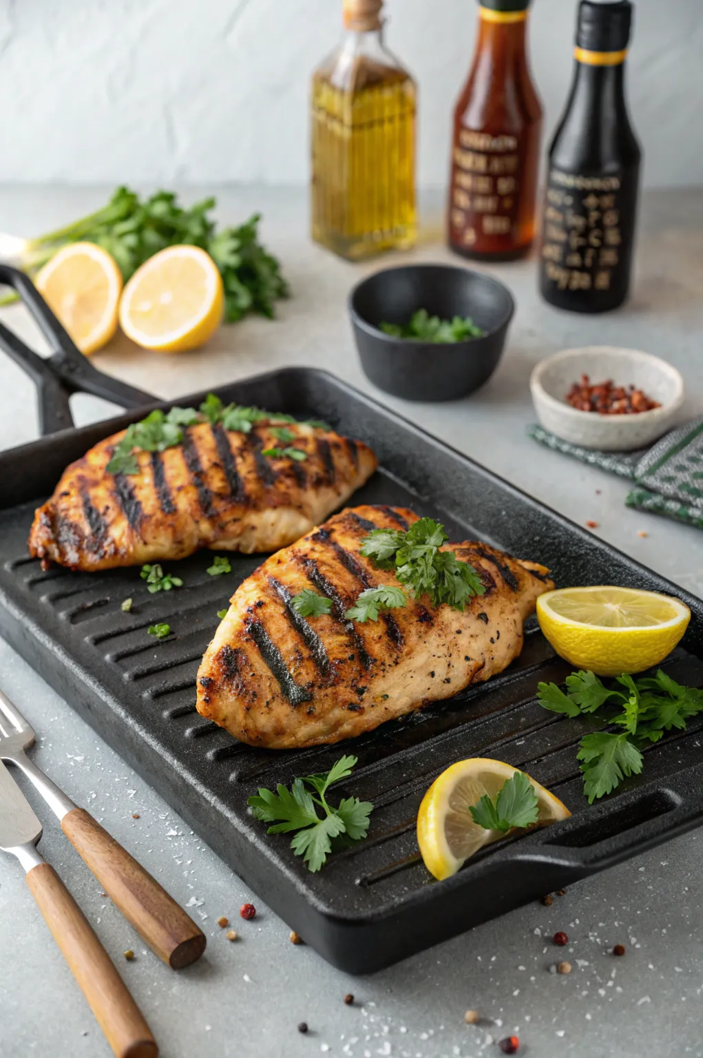 Close-up of Blackstone chicken recipes showing juicy grilled chicken pieces with charred edges.