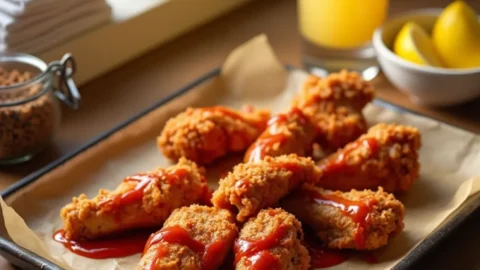 Boneless chicken wings recipe served on a plate with golden crispy coating and dipping sauce.