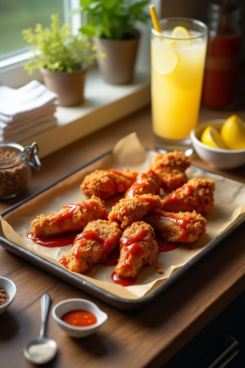 Boneless chicken wings recipe served on a plate with golden crispy coating and dipping sauce.