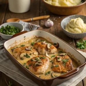 Baked Chicken Gloria in a creamy mushroom sauce, topped with fresh parsley and served in a casserole dish.