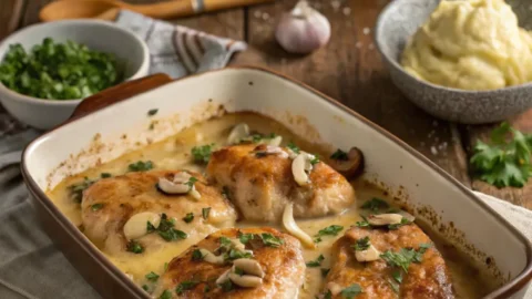 Chicken Gloria recipe served in a casserole dish with creamy mushroom sauce and melted cheese on top
