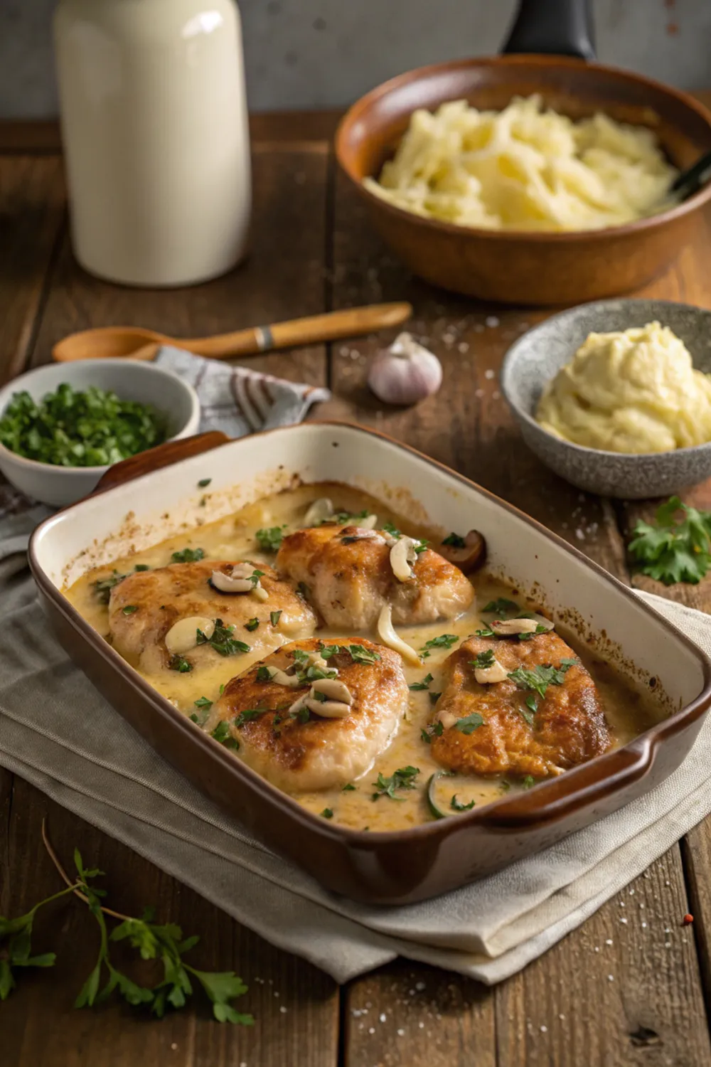 Chicken Gloria recipe served in a casserole dish with creamy mushroom sauce and melted cheese on top