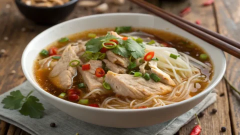 Chicken long rice recipe served in a bowl with glass noodles, shredded chicken, and green onions