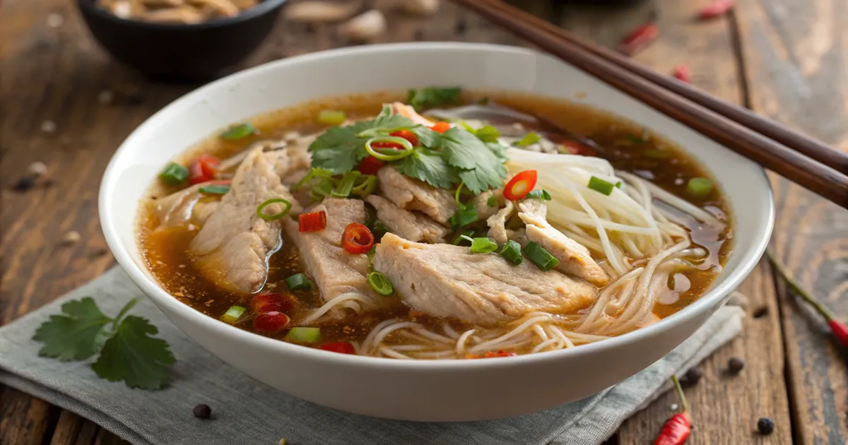 Chicken long rice recipe served in a bowl with glass noodles, shredded chicken, and green onions