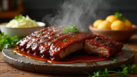 Country style beef ribs recipe served on a platter with smoky barbecue glaze and fresh herbs