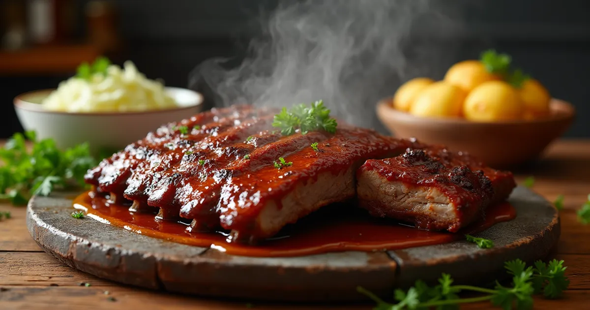 Country style beef ribs recipe served on a platter with smoky barbecue glaze and fresh herbs