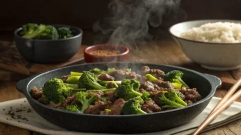 Ground beef and broccoli recipe served in a bowl with savory sauce and sesame seed garnish