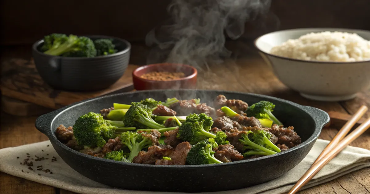 Ground beef and broccoli recipe served in a bowl with savory sauce and sesame seed garnish