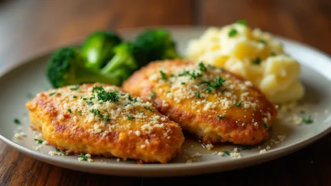 Longhorn Parmesan crusted chicken recipe served on a plate with golden crispy topping and fresh herbs