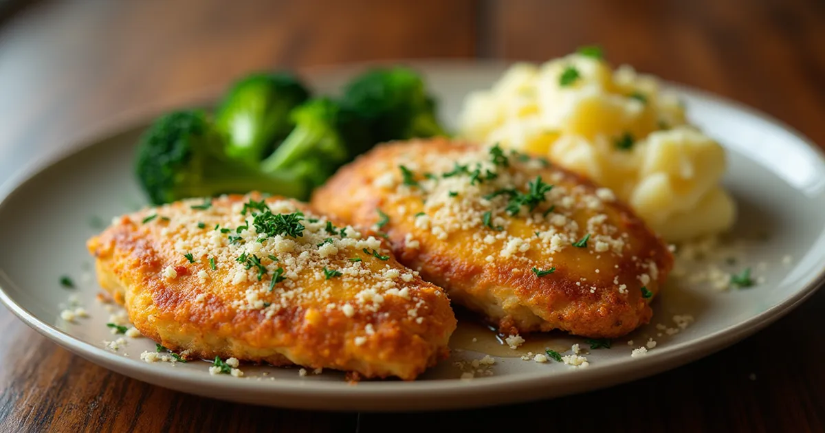 Longhorn Parmesan crusted chicken recipe served on a plate with golden crispy topping and fresh herbs