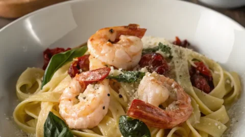 Marry Me shrimp pasta served in a bowl with creamy tomato sauce, Parmesan, and fresh basil garnish