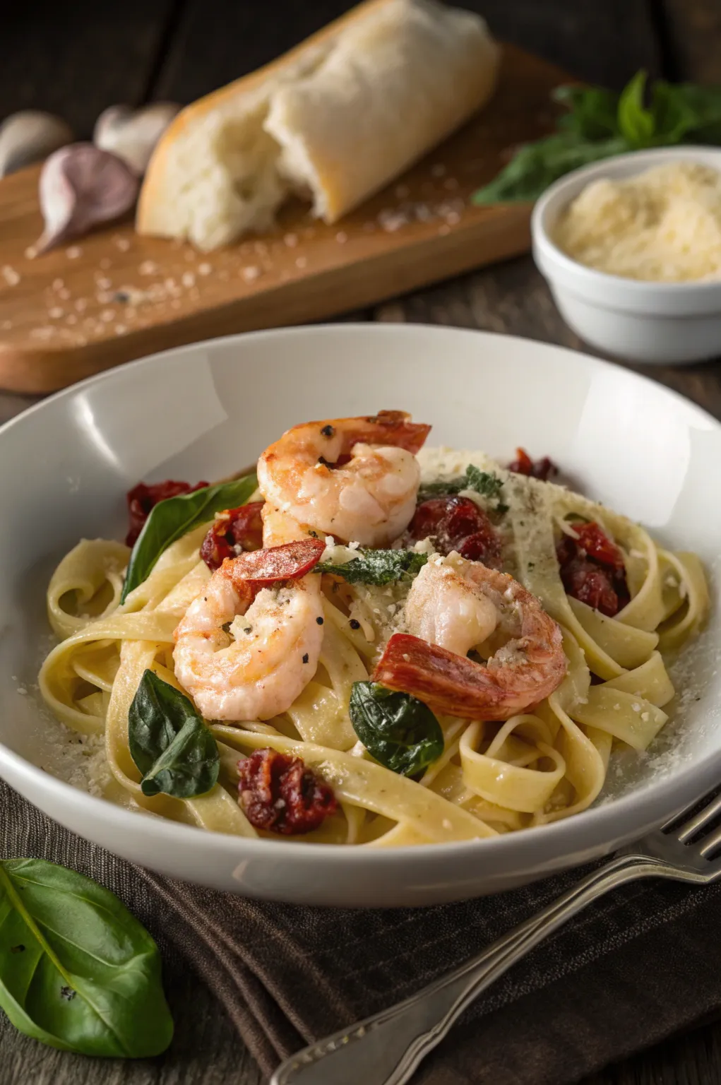 Marry Me shrimp pasta served in a bowl with creamy tomato sauce, Parmesan, and fresh basil garnish
