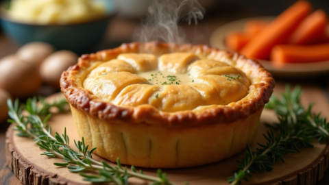 Pillsbury chicken pot pie baked in a golden crust and served in a pie dish with fresh parsley garnish
