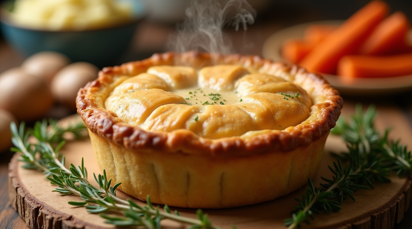 Pillsbury chicken pot pie baked in a golden crust and served in a pie dish with fresh parsley garnish