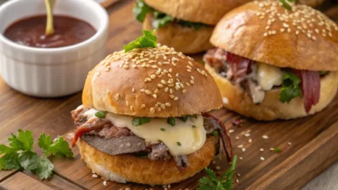 Roast beef sliders recipe served on a tray with melted cheese and golden toasted buns