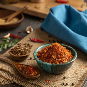 Seafood boil seasoning blend with spices like paprika, garlic, cayenne, lemon, and herbs displayed in a bowl on a wooden surface.