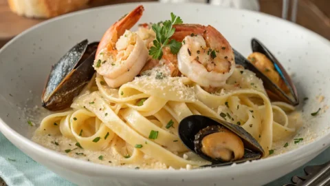 Seafood fettuccine recipe served in a bowl with creamy Alfredo sauce, shrimp, and fresh parsley garnish