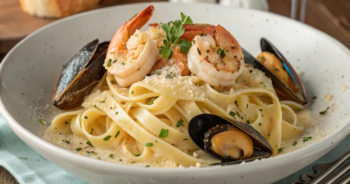 Seafood fettuccine recipe served in a bowl with creamy Alfredo sauce, shrimp, and fresh parsley garnish