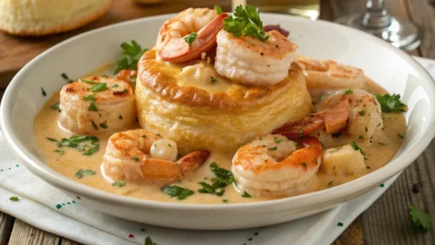 Seafood Newburg recipe served in a creamy sauce with shrimp, crab, and lobster over puff pastry shells