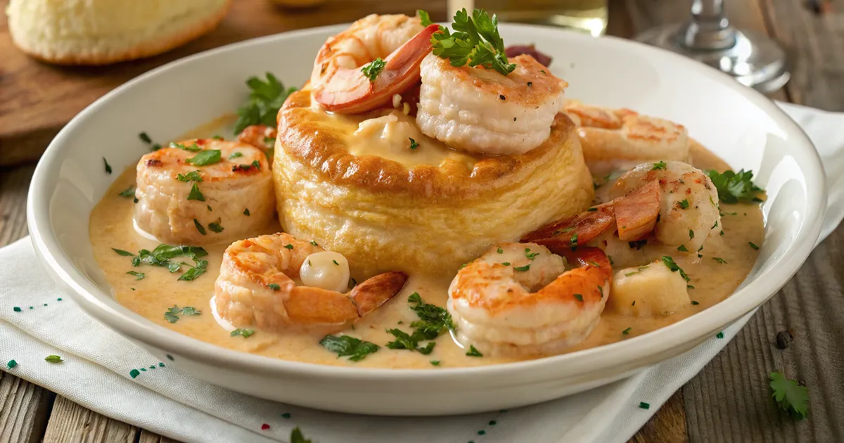 Seafood Newburg recipe served in a creamy sauce with shrimp, crab, and lobster over puff pastry shells