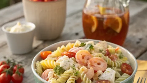 Seafood pasta salad recipe served in a bowl with shrimp, crab, pasta, and fresh herbs