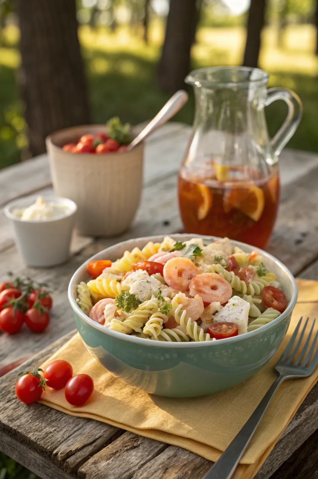 Seafood pasta salad recipe served in a bowl with shrimp, crab, pasta, and fresh herbs