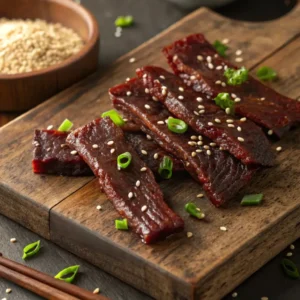 Close-up of homemade teriyaki beef jerky arranged on a wooden board with sesame seeds and a small bowl of teriyaki sauce.