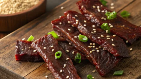 Teriyaki beef jerky recipe arranged on a platter with dipping sauce and chopsticks on the side.