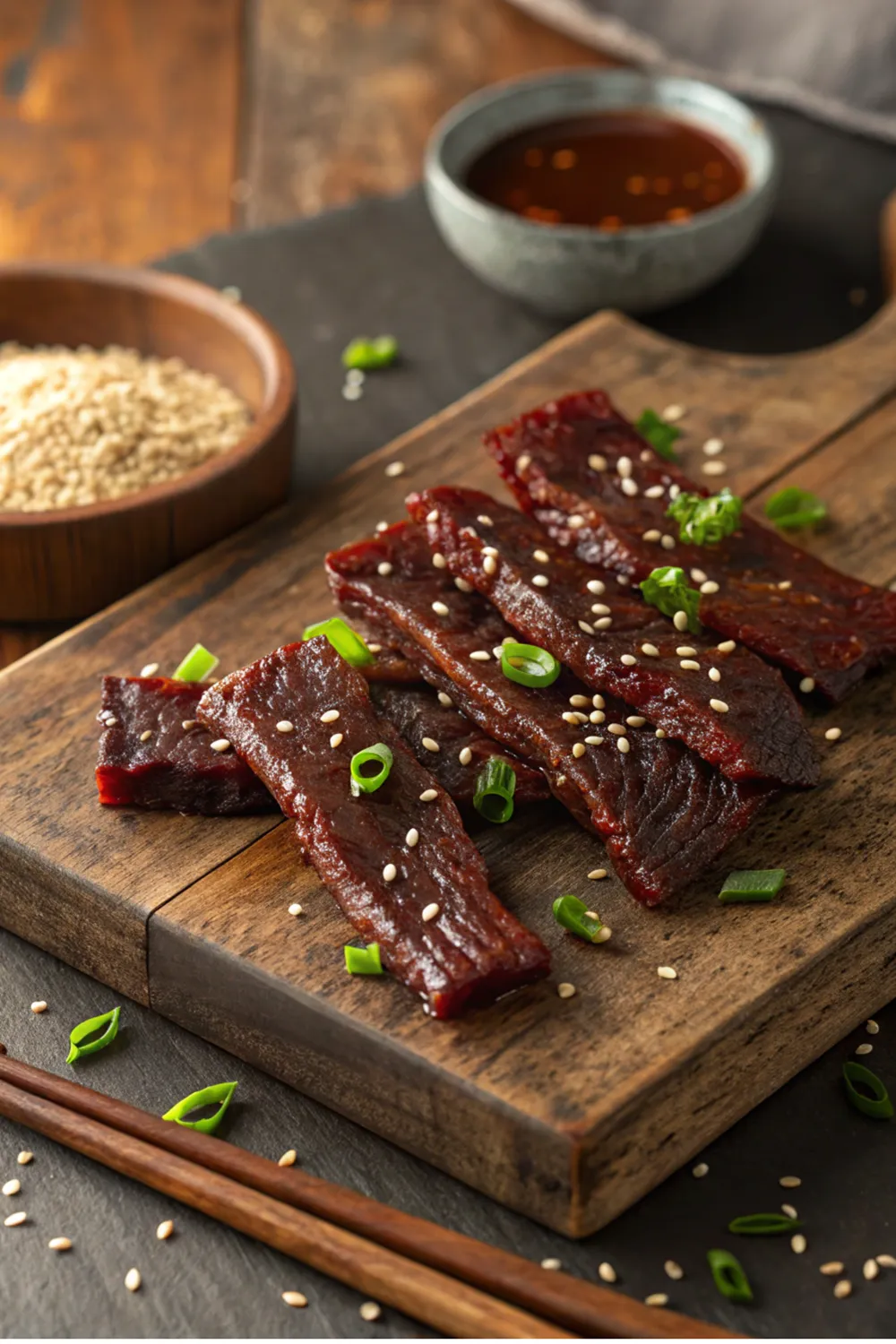 Teriyaki beef jerky recipe arranged on a platter with dipping sauce and chopsticks on the side.