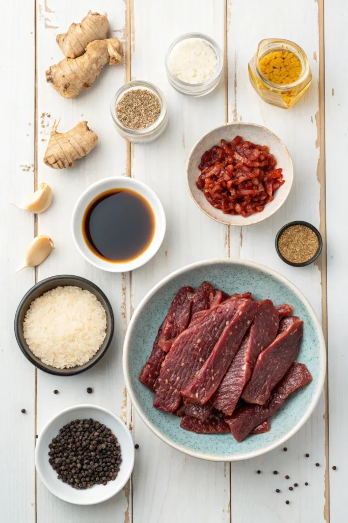 Flat-lay display of teriyaki beef jerky ingredients including sliced beef, soy sauce, honey, garlic, ginger, and spices arranged in small bowls.