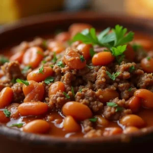 Close-up of baked beans cooked with seasoned ground beef and garnished with fresh parsley.