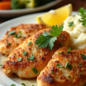 Golden baked chicken cutlets topped with fresh parsley, served with mashed potatoes and lemon wedges on a white plate.