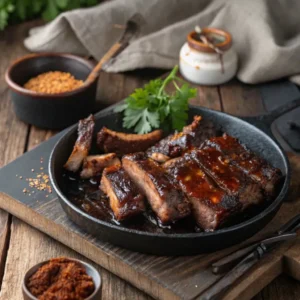 Close-up of tender, juicy beef back ribs coated in a glossy brown barbecue glaze, served in a cast-iron skillet with fresh parsley on top, surrounded by rustic bowls of spices on a wooden table.