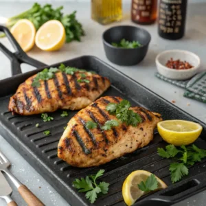 Grilled Blackstone chicken breasts with char marks, topped with fresh parsley and served with lemon slices on a cast-iron griddle.