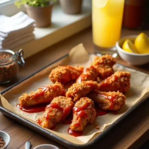 Crispy boneless chicken wings coated in golden breading and tossed in buffalo sauce, served with ranch dipping sauce and celery sticks
