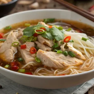 A warm bowl of Hawaiian chicken long rice soup featuring tender shredded chicken, clear rice noodles, green onions, cilantro, and sliced red chili peppers in a savory broth.