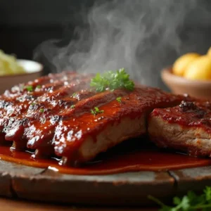 Close-up of saucy, tender country-style beef ribs coated in a glossy barbecue glaze, steaming hot and garnished with fresh parsley on a wooden serving board.