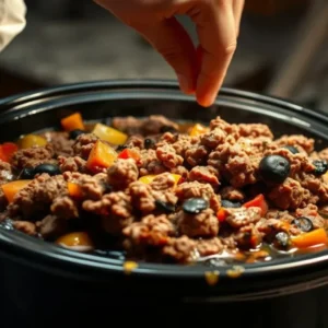 Slow cooker filled with cooked ground beef, bell peppers, and black olives, with a hand adding seasoning on top.”