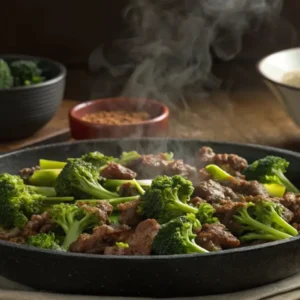A steaming skillet filled with ground beef and vibrant broccoli florets, cooked in a savory brown sauce, with steam rising and bowls of rice and seasonings in the background
