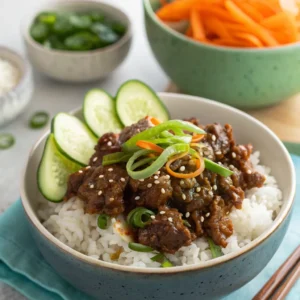 Ground beef bulgogi served over rice with sesame seeds and green onions.