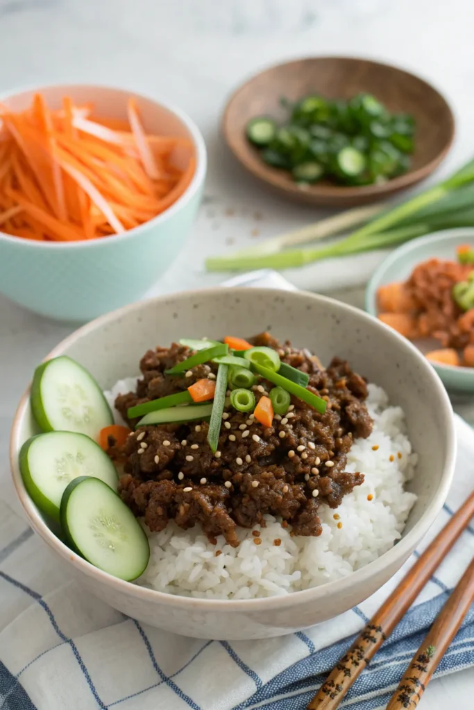 Ground beef bulgogi bowl with rice, carrots, cucumbers, and green onions.