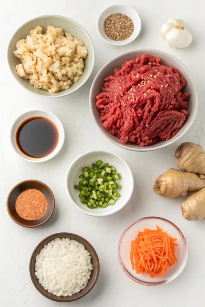 Flat-lay of ground beef bulgogi ingredients including beef, onion, garlic, ginger, soy sauce, and sesame oil.