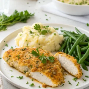 Parmesan Crusted Chicken with golden cheese topping served on a plate with mashed potatoes and green beans.