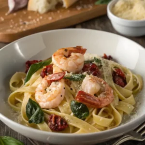 Creamy Marry Me Shrimp Pasta served in a bowl with fettuccine, sautéed shrimp, sun-dried tomatoes, basil leaves, and grated Parmesan.