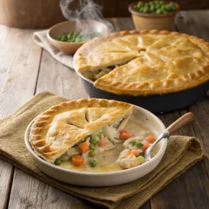 Golden-brown Pillsbury chicken pot pie with a flaky crust, one slice removed to show creamy chicken and vegetable filling with peas and carrots, served on a rustic wooden table.