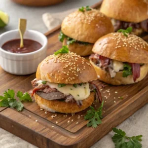 Roast beef sliders on sesame buns topped with melted cheese and fresh herbs, served on a wooden board with dipping sauce.