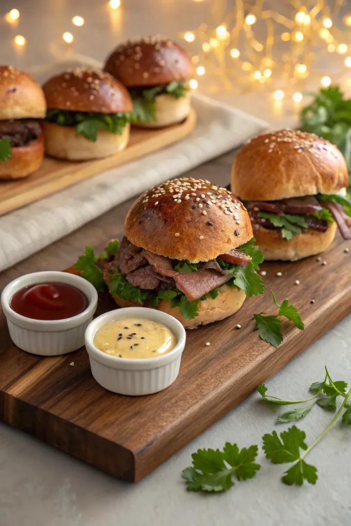 Roast beef sliders arranged on a wooden platter with dipping sauce and fresh parsley.