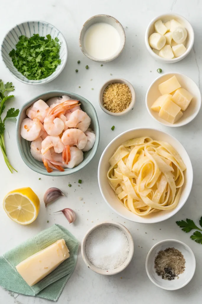 Seafood fettuccine served on a white plate with shrimp, scallops, and creamy Parmesan sauce.