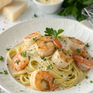 Overhead view of seafood fettuccine in a bowl with shrimp and scallops.