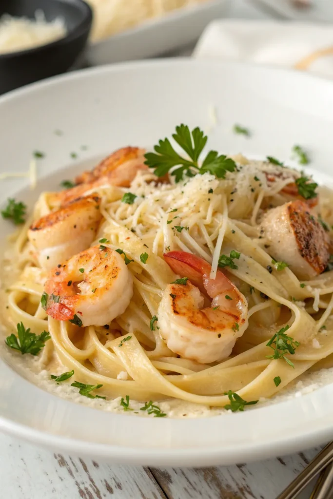 Seafood fettuccine served on a white plate with shrimp, scallops, and creamy Parmesan sauce.